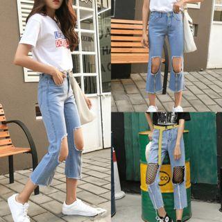 Mesh Panel Wide Leg Jeans