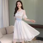 V-neck Lace Trim Short-sleeve A-line Dress