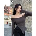 Long-sleeve Off-shoulder Fitted Top Charcoal Gray - One Size