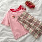 Short-sleeve Contrast Trim Floral Embroidered T-shirt / High-waist Plaid Skirt