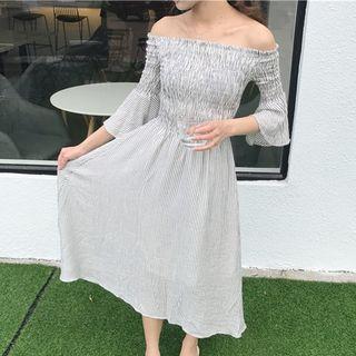 Striped Off-shoulder Bell-sleeve A-line Dress