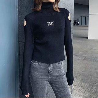 Lettering Turtleneck Cold Shoulder Sweater