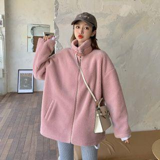 Mock-neck Faux Shearling Zip Coat Pink - One Size