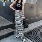 Lettering Crop Tank Top / Striped Midi A-line Skirt