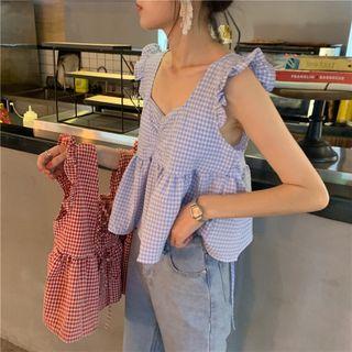 Sleeveless Ruffle Trim Gingham Cropped Blouse