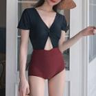 Short-sleeve Twist-front Two-tone Swimsuit