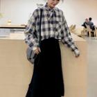 Bow Accent Plaid Blouse / Midi A-line Knit Skirt