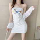 Set: Strapless Butterfly Print Mini Bodycon Dress + Cropped Light Jacket