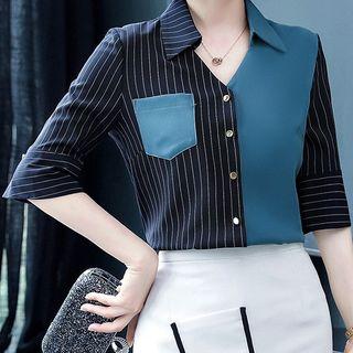 Striped Panel Elbow-sleeve Chiffon Blouse