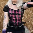 Short-sleeve Square Neck Asymmetric Plaid Crop Top