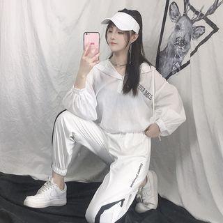 Puff-sleeve Lettering Sheer Hoodie / Contrast Trim Jogger Pants