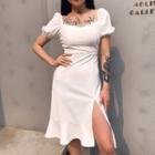 Puff-sleeve Ruffle Hem Slit Sheath Dress