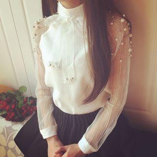 Faux Pearl Accent Chiffon Blouse