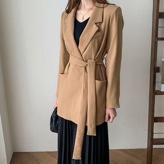 Padded-shoulder Longline Blazer With Sash