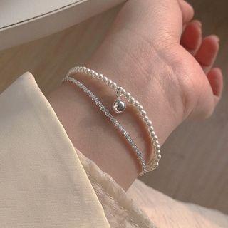 Faux Pearl Layered Alloy Bracelet Sl0789 - White & Silver - One Size