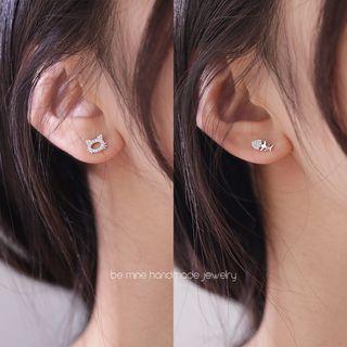 925 Sterling Silver Non-matching Rhinestone Cat & Fish Bone Earring 1 Pair - 925 Silver - As Shown In Figure - One Size