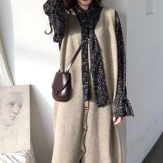 Long-sleeve Tie-neck Midi Dress / Sleeveless Midi Knit Dress