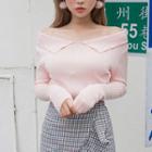 Collared Off-shoulder Rib-knit Top