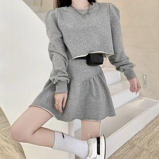 Set: Puff-sleeve Cropped Sweatshirt + Mini Skirt