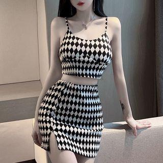 Set: Argyle Cropped Camisole Top + Mini Pencil Skirt
