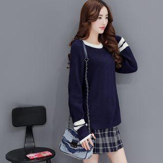 Set: Contrast-trim Sweater + Plaid A-line Skirt