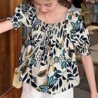 Puff-sleeve Floral Print Blouse Floral - Black & White & Orange - One Size