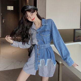 Denim Panel Striped Mini Shirtdress