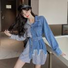 Denim Panel Striped Mini Shirtdress
