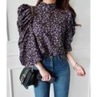 Mock-neck Puff-sleeve Floral Blouse