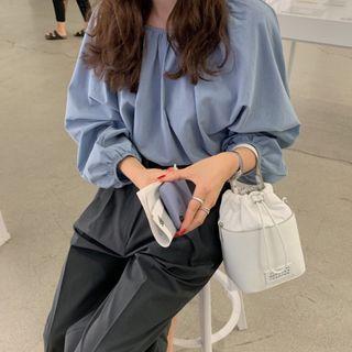 Lantern-sleeve Crinkled Top Blue - One Size