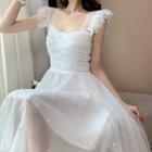 Sleeveless Lace Faux Pearl Midi A-line Dress