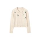 Floral Embroidered Collared Cardigan Beige - One Size