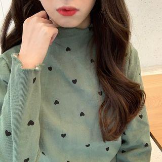 Heart Print Mock Neck Long Sleeve Top