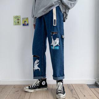 Cat Print Ripped Straight-cut Jeans