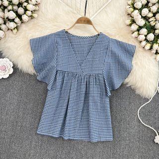 Ruffle Sleeve V-neck Plaid Blouse