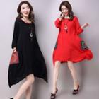Embroidered Pocket 3/4-sleeve A-line Dress