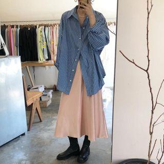 Long-sleeve Striped Shirt / Satin Midi A-line Skirt