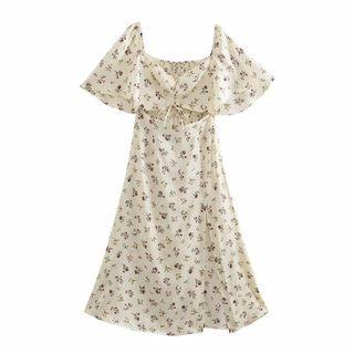Short-sleeve Floral Cutout Midi A-line Dress