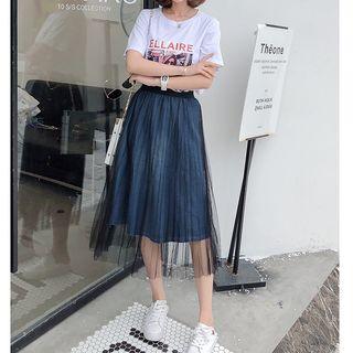 Mesh Overlay Denim Skirt