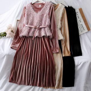 Set: Pleated Velvet Dress + Vest With Belt