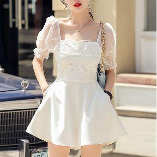 Puff-sleeve Lace Panel Wide Leg Romper