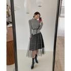 Set: Belted Knit Top + Tulle-overlay Long Plaid Skirt