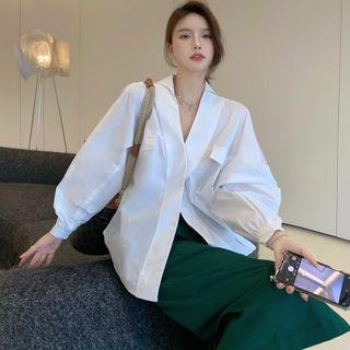 Long-sleeve V-neck Blouse / Slit-hem Midi Pencil Skirt