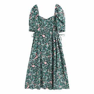 Puff-sleeve Floral Print Cutout Maxi A-line Dress