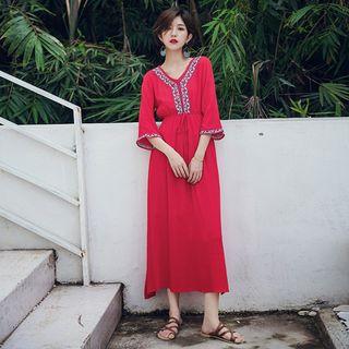 3/4-sleeve Embroidered Midi Sundress
