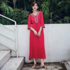 3/4-sleeve Embroidered Midi Sundress