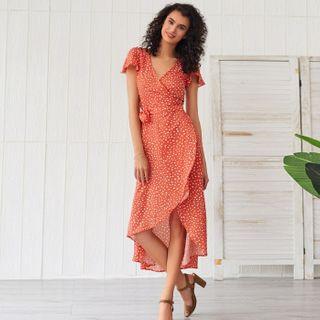 Asymmetric Short-sleeve Floral Print Midi A-line Dress