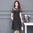 Lace Panel Short-sleeve Dotted A-line Dress