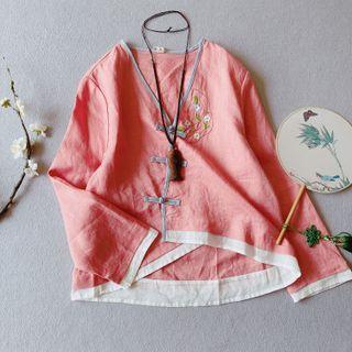 Long-sleeve Floral Embroidered Frog-buttoned Top
