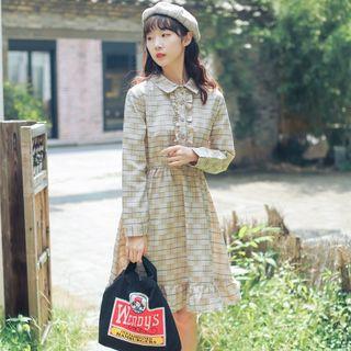 Plaid Ruffle Trim Long-sleeve A-line Dress